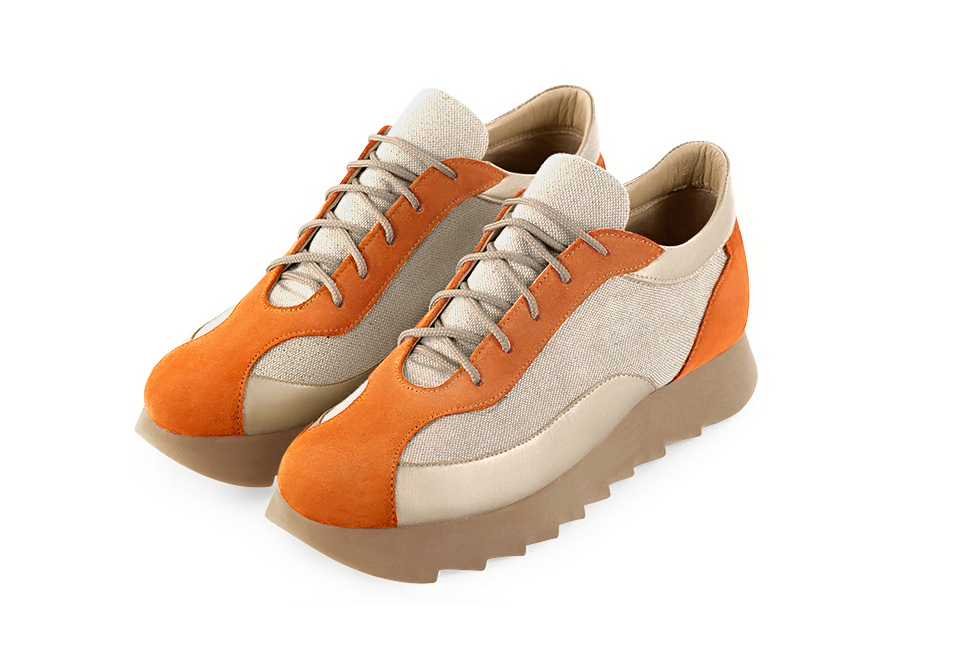 Apricot orange and gold women's two-tone elegant sneakers. Round toe. Low rubber soles. Front view - Florence KOOIJMAN